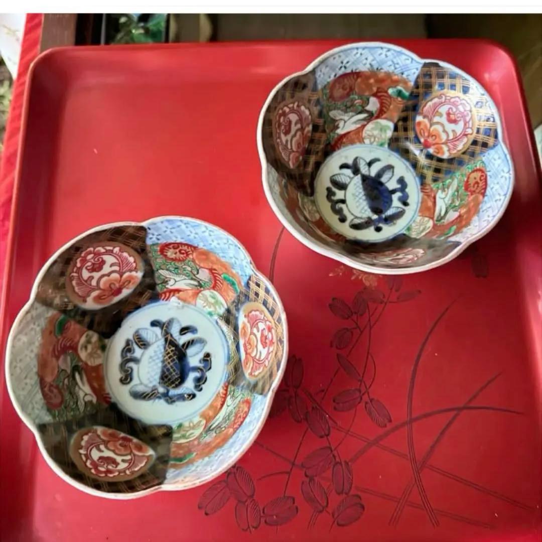 2242様感謝‼️春‼️伊万里錦手向付おひたしにはこれ‼️桃手鶴六弁花在銘向付鉢 5客