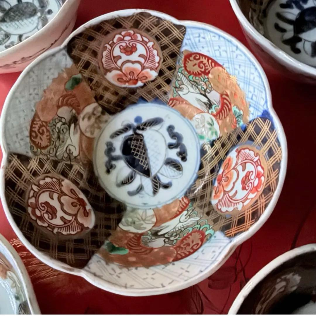 2242様感謝‼️春‼️伊万里錦手向付おひたしにはこれ‼️桃手鶴六弁花在銘向付鉢 5客