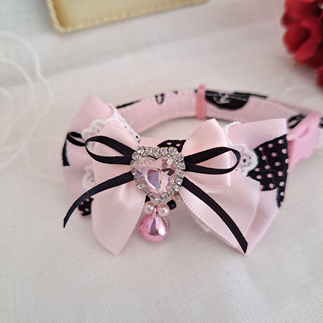 シングルリボン、バレンタインハート柄(ピンク)わんちゃん猫ちゃん用首輪