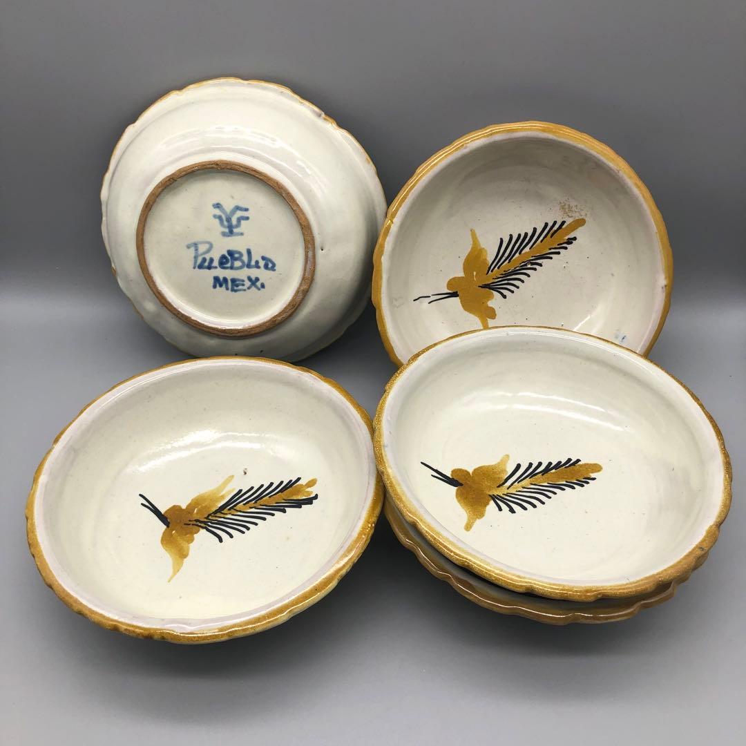 メキシコプエブラタラベラ焼ビンテージ陶器伝統工芸バード鳥ボウル鉢19cm5点B