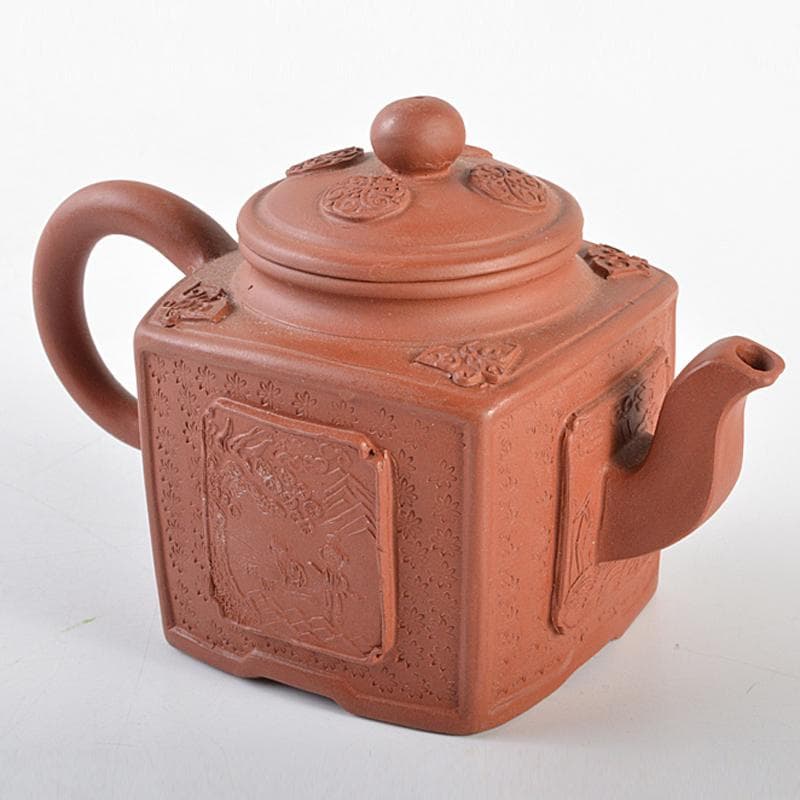 中国　紫砂　朱泥　山水人物神獣文　四方急須　茶壷　在銘　C　R6149