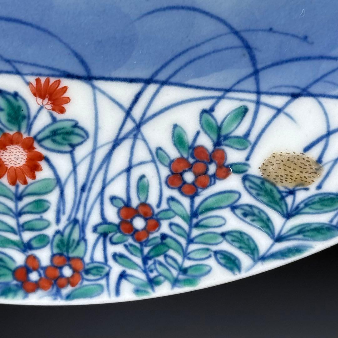 後期鍋島　色鍋島　色絵霞秋草文皿　萩　撫子　桔梗　菊　秋草　納箱付　19.3cm