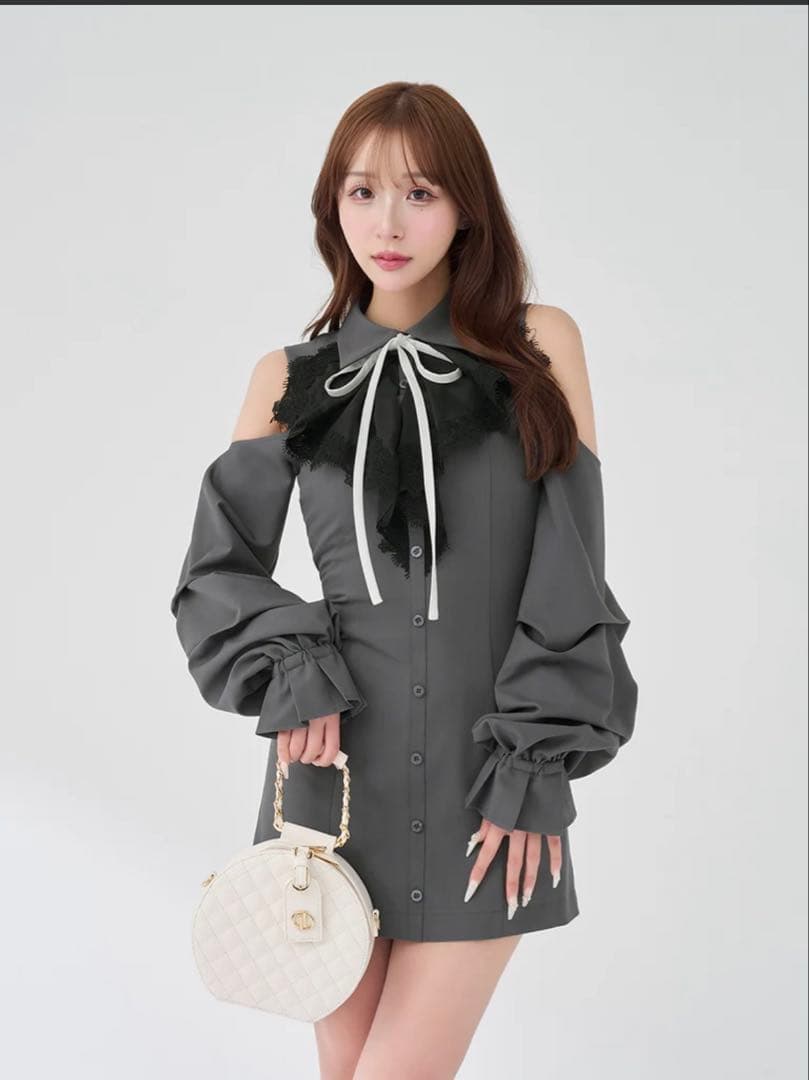 Darich ショルダースカラップフリルシャツミニワンピース