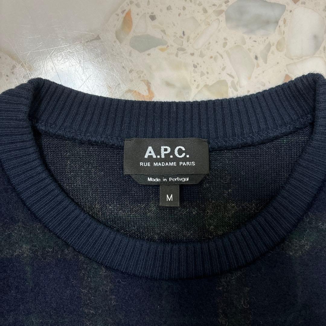 A.P.C. Mメンズ クルーネック　ウール　長袖スウェット　チェック　紺 緑