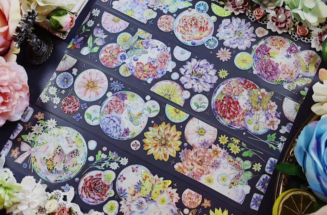 巻売 121★ 海外 マスキングテープ マステ PET 装飾 蝶 花 銀ホロ