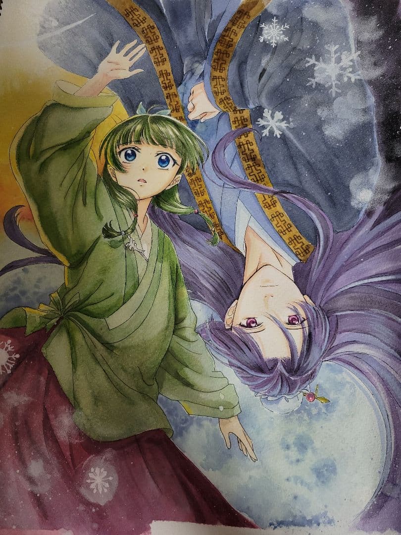 ファンタジー水彩画 額付き 薬屋ひとりごと　手描きイラスト　草木染め