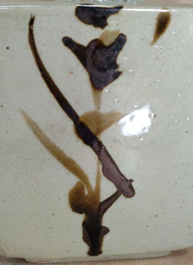 濱田庄司(浜田庄司) 白釉鐵絵扁壷 共箱 人間国宝 益子焼 美品 黍花文 花文