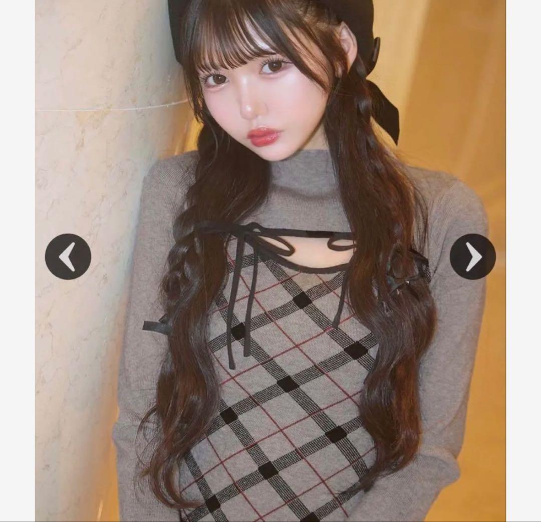 michellMacaron デコルテオープンチェックニットワンピ