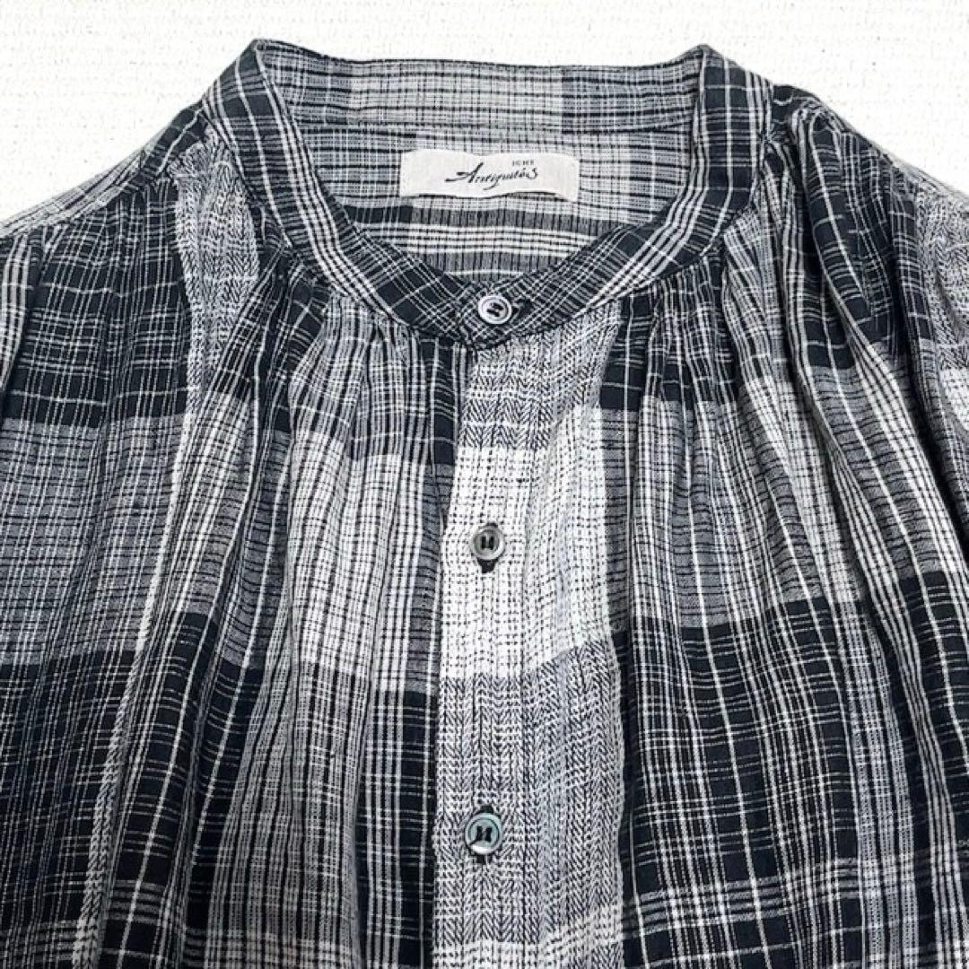 イチアンティークス　リネンギャザーブラウス　ワイド　バンドカラー　洗える　日本製