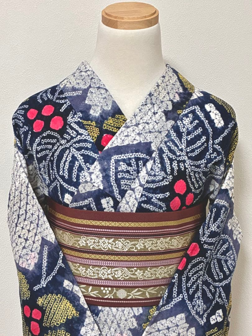 8の日セール　浴衣　有松鳴海絞り　赤い実の植物　裄67cm