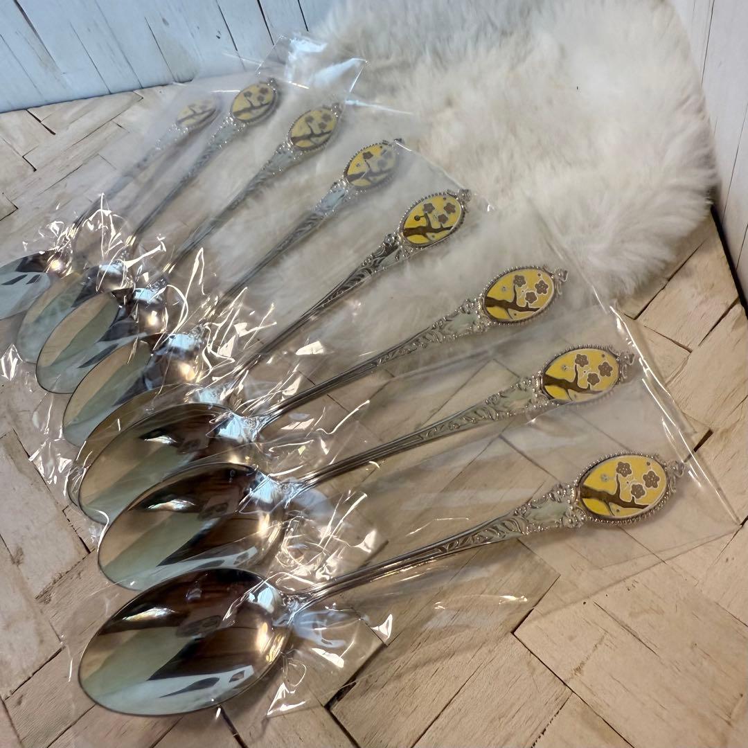 未使用♡シルバー925♡梅柄♡七宝焼スプーン♡8本セット 銀製カトラリー