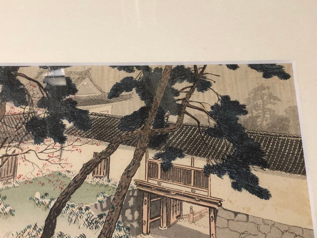 川合玉堂　木版画　古寺の春　版画24×18cm 額44×37cm