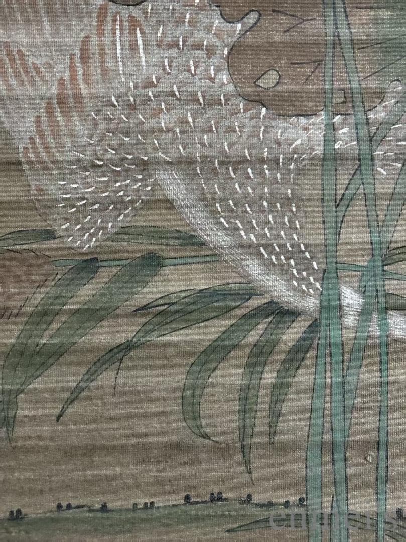 中国古美術.明時代.趙孟頫款.花鳥図.絹布画.三尺手描き.掛け軸.古賞物.古美味