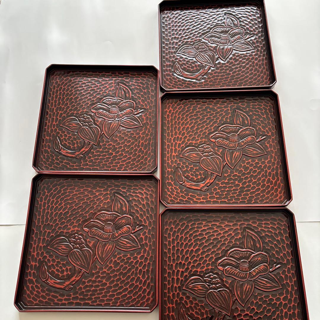 赤褐色 漆器皿 盆　膳　5枚セット 椿模様