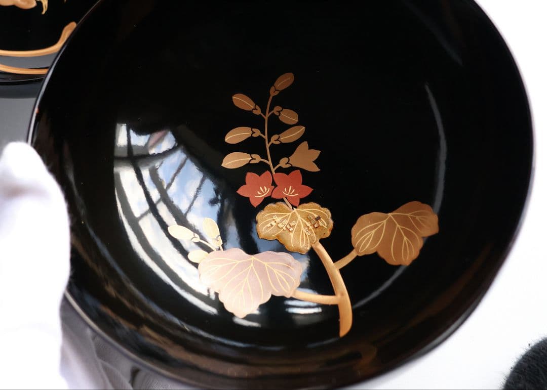 【CM403】天然木漆塗 菊桐鳳凰金蒔絵 黒塗 吸物椀 1客 昭和期 木製漆器