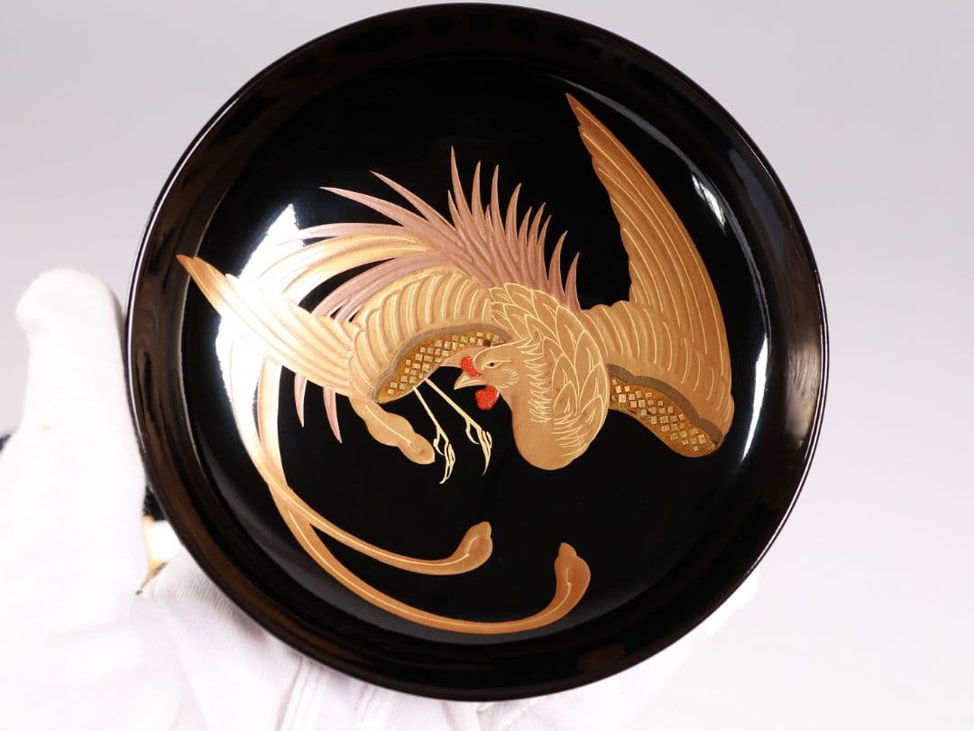 【CM403】天然木漆塗 菊桐鳳凰金蒔絵 黒塗 吸物椀 1客 昭和期 木製漆器