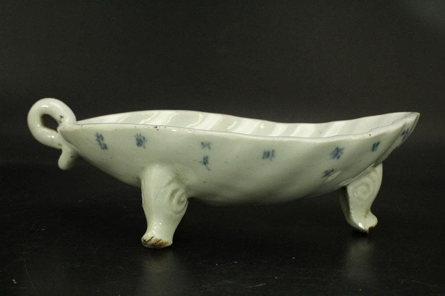 青花 葉形 三足 筆洗 匙付(A887)