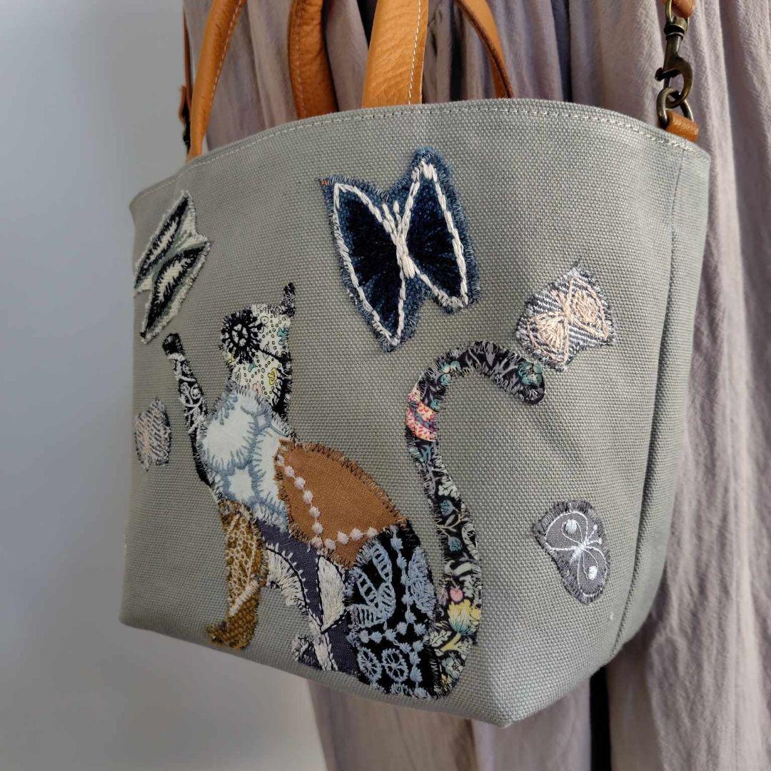 333W 様　/猫とちょうちょカケラパッチ/しきりトートSサイズ/本革キャメ