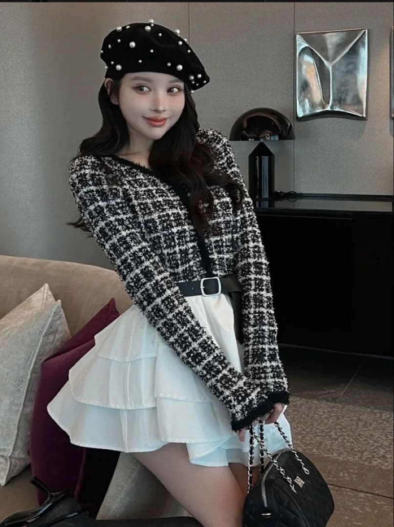 Darich ボリュームフリルツイードニットミニワンピース ブラック Ｆ