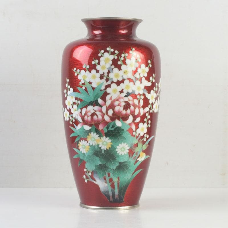 七宝焼　赤透釉　四君子文　花瓶　V　9699A