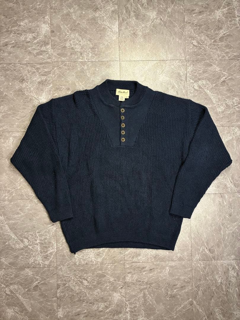 USA製 Eddie Bauer ネイビー ヘンリーネック ニット コットン