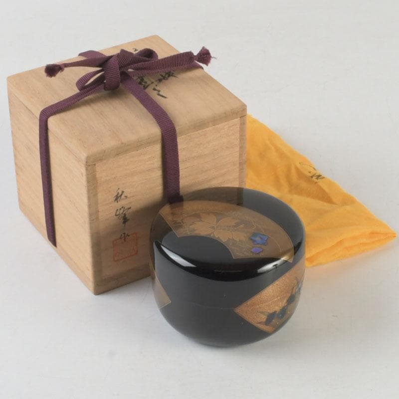 茶道具　高崎秋峰作　螺鈿装飾　扇面蒔絵　内銀溜　平棗　共布共箱　V　9695