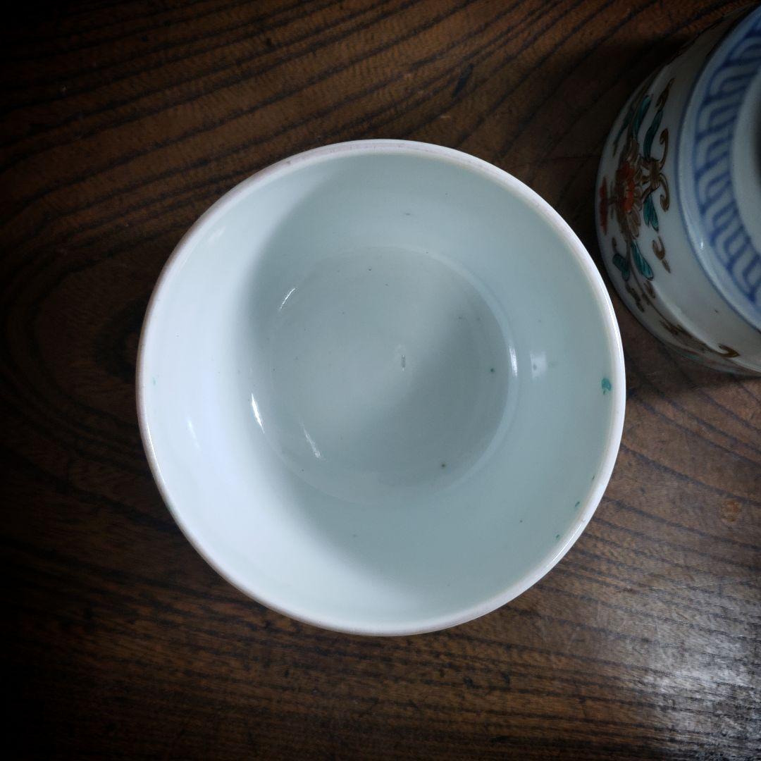 蕎麦猪口　向付　5客　古伊万里　変わり形　赤玉　花束　唐草　色絵付　金彩　ニュウ