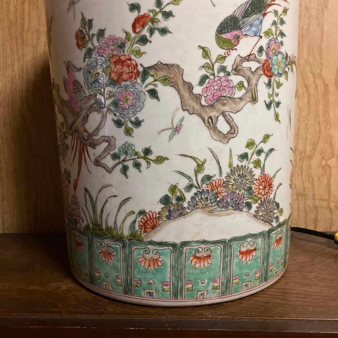 中国　色絵　粉彩　筒瓶　花鳥図　大明嘉靖年製