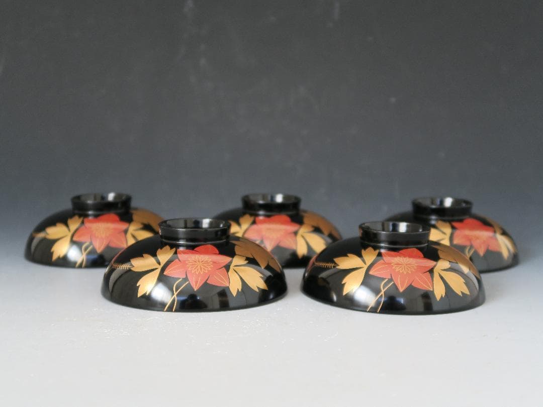 【輪島塗】鉄仙蒔絵 吸物椀 黒塗 見返し蒔絵 五客揃 天然木 共箱