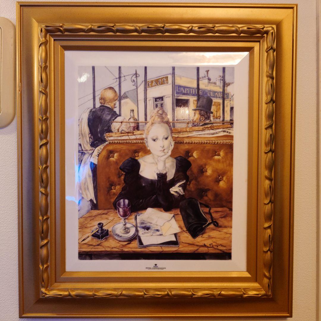 藤田嗣治カフェの女性 黒いドレス ゴールドフレーム.ロイヤルコペンハーゲン陶版画