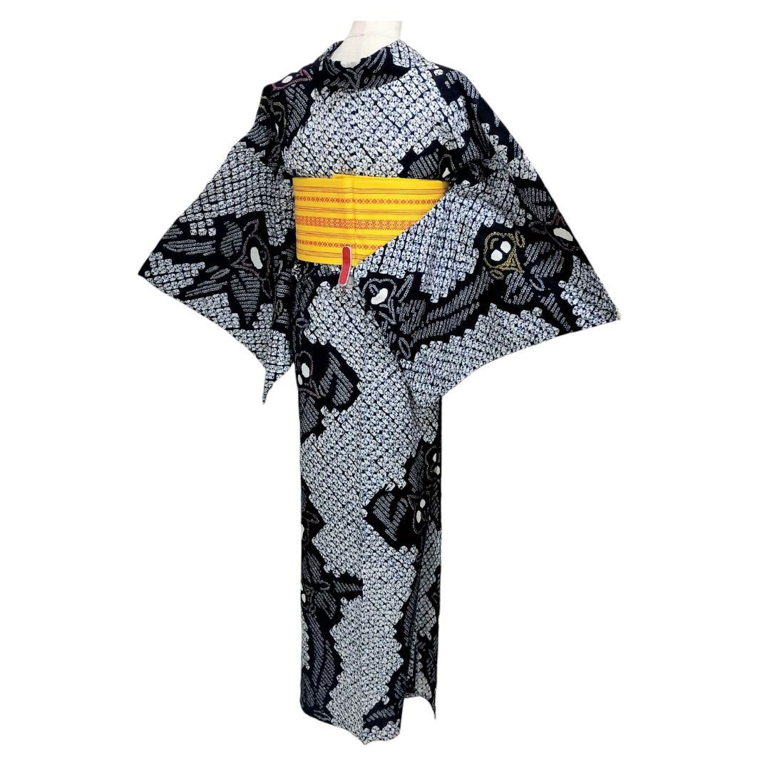 【有松鳴海絞り】浴衣　草花模様　手蜘蛛絞り　藍染　紺 高級　美品 花縞