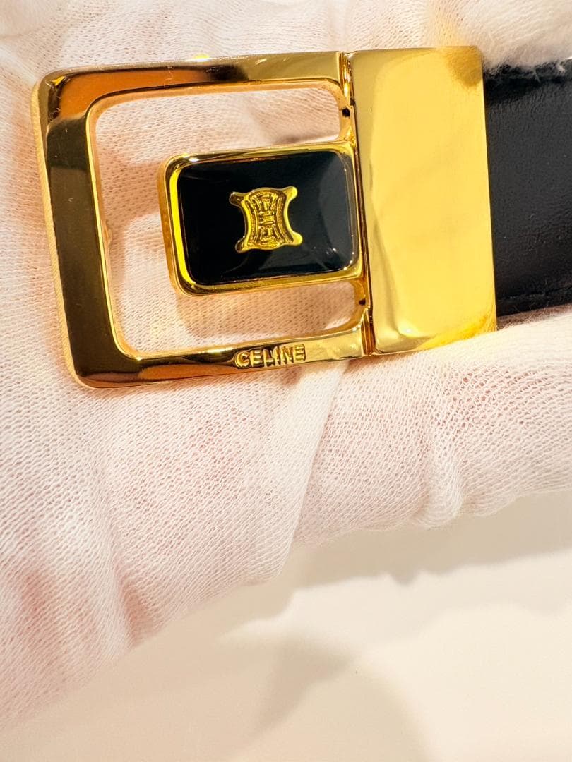 【美品】CELINE セリーヌ マカダム ブラックレザーベルト ゴールドバックル