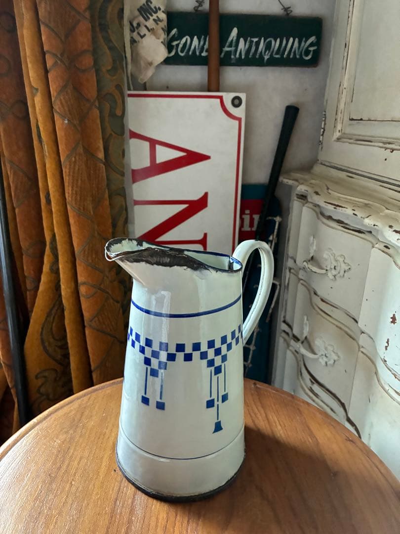 フランス　アンティーク　ホーロー　ジャグ　ピッチャー　水差し　市松　ダミエ