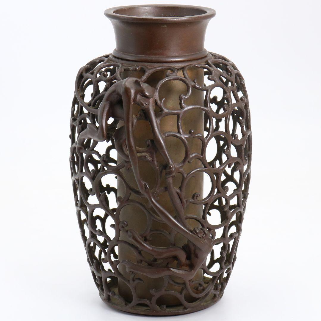 鋳師 金森浄栄作 鋳銅 蝋型 猿文 壷 花入 高岡銅器 共箱　AL826　Z1