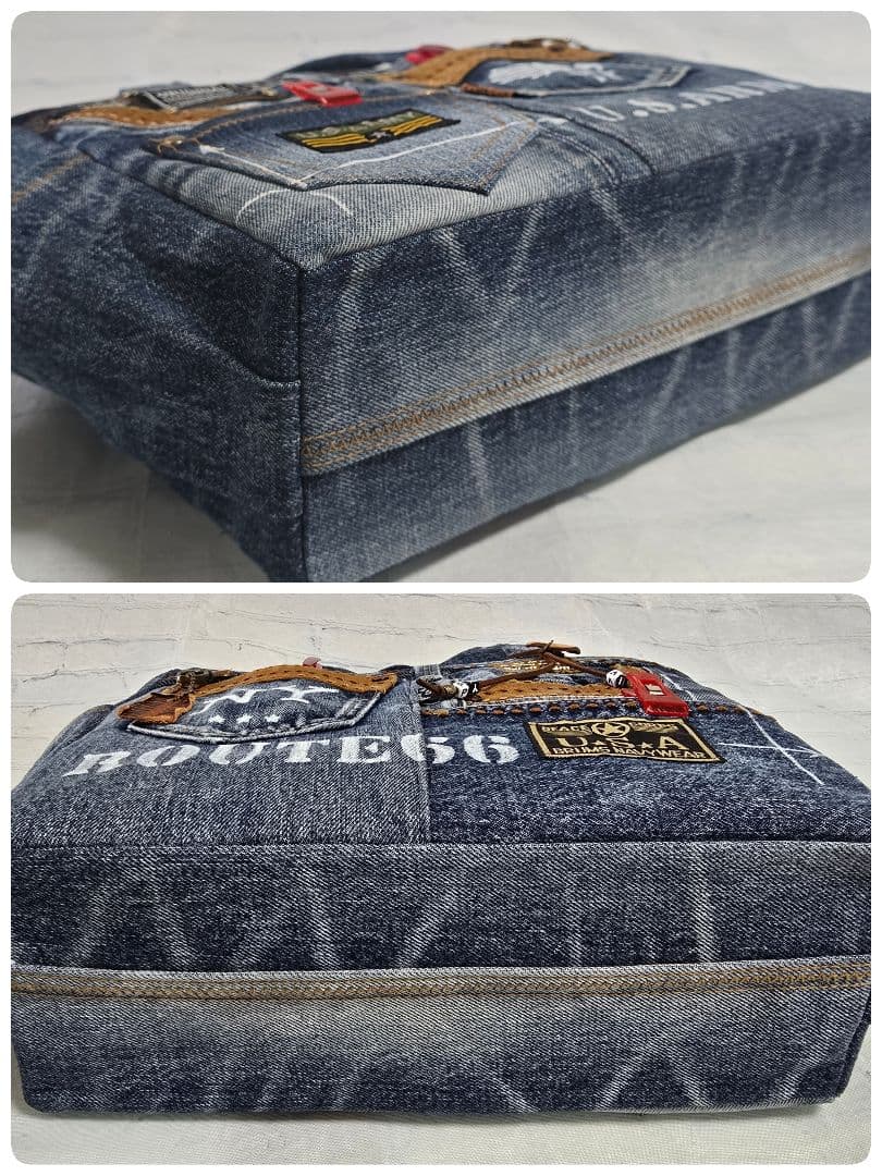 デニムリメイクトートバッグ 大きめ 上部ファスナー ＆サコッシュ 本革使用