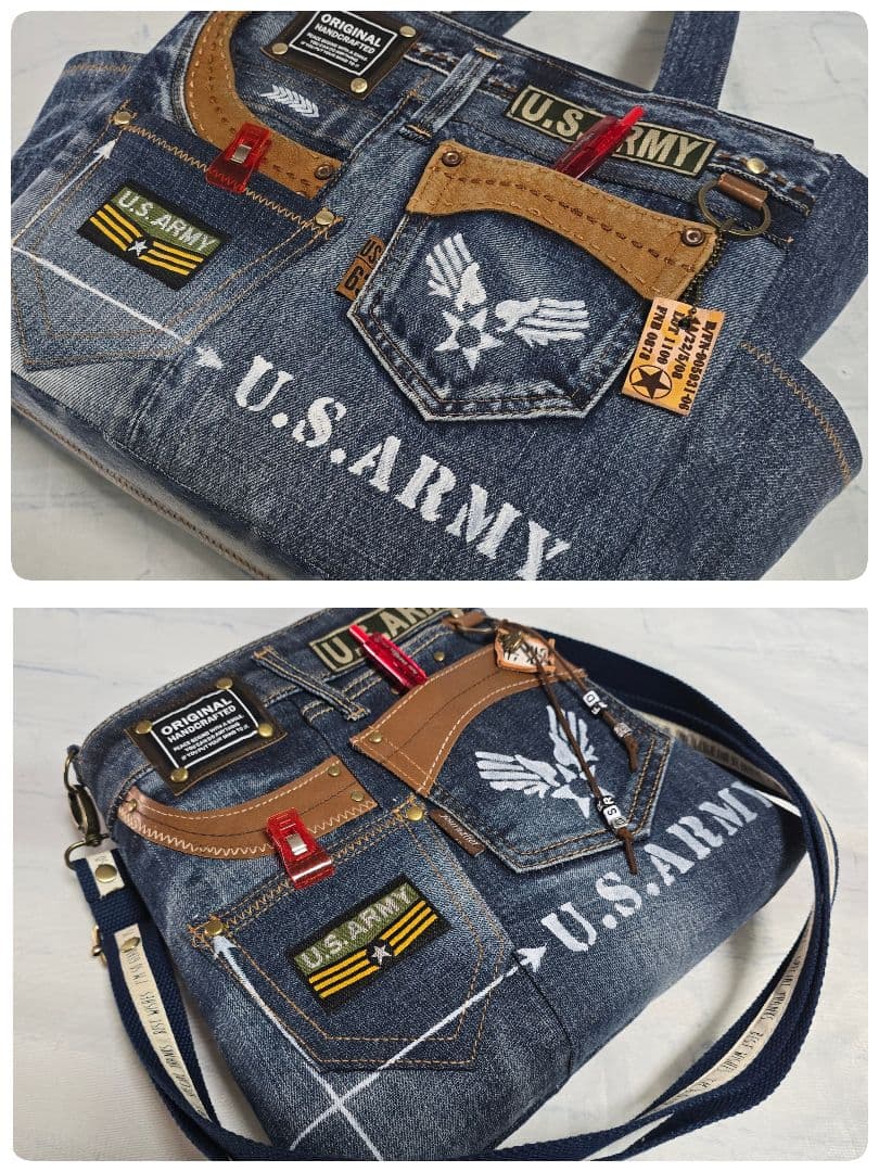 デニムリメイクトートバッグ 大きめ 上部ファスナー ＆サコッシュ 本革使用