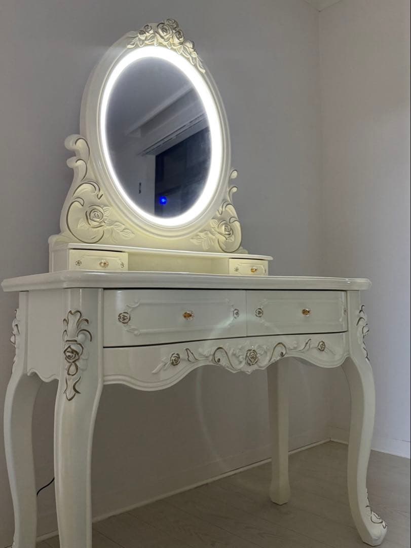 LEDミラー付きロココ調アンティーク可愛いドレッサー化粧台 横幅100cm