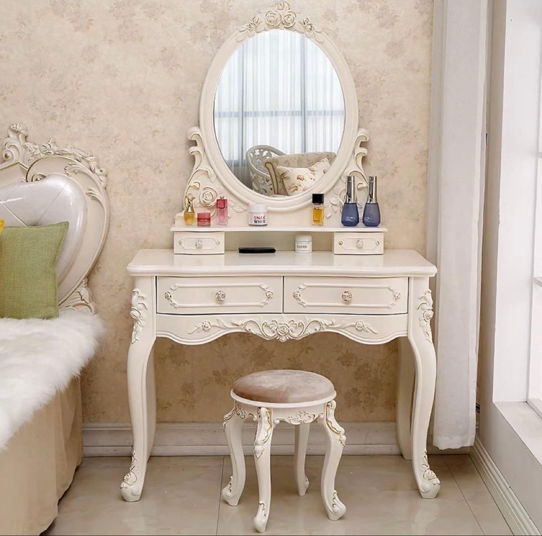 LEDミラー付きロココ調アンティーク可愛いドレッサー化粧台 横幅100cm
