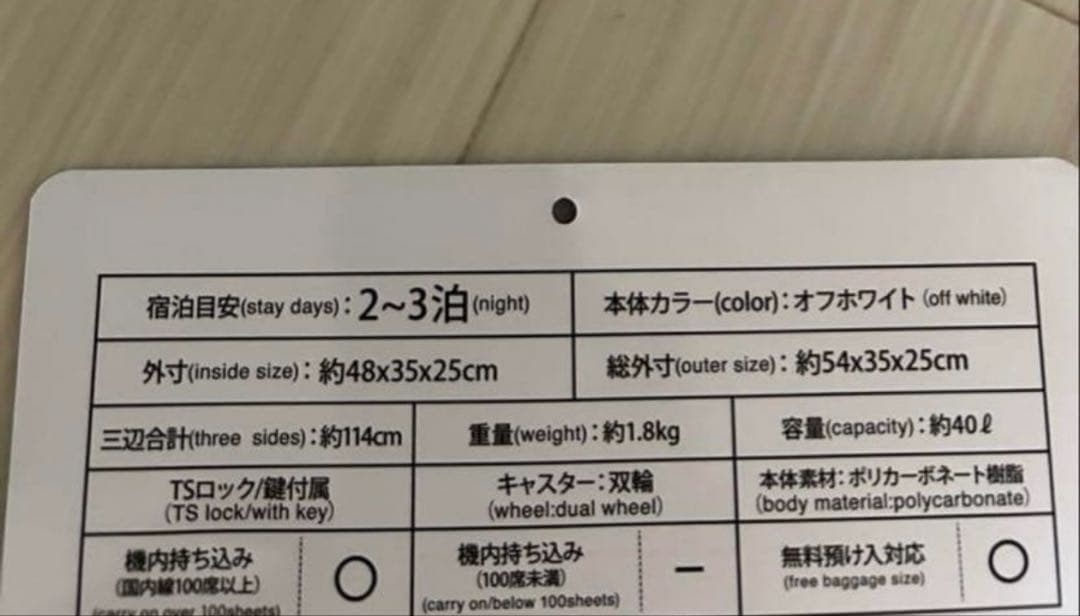 軽量機内持ち込みスーツケース白　TSロック
