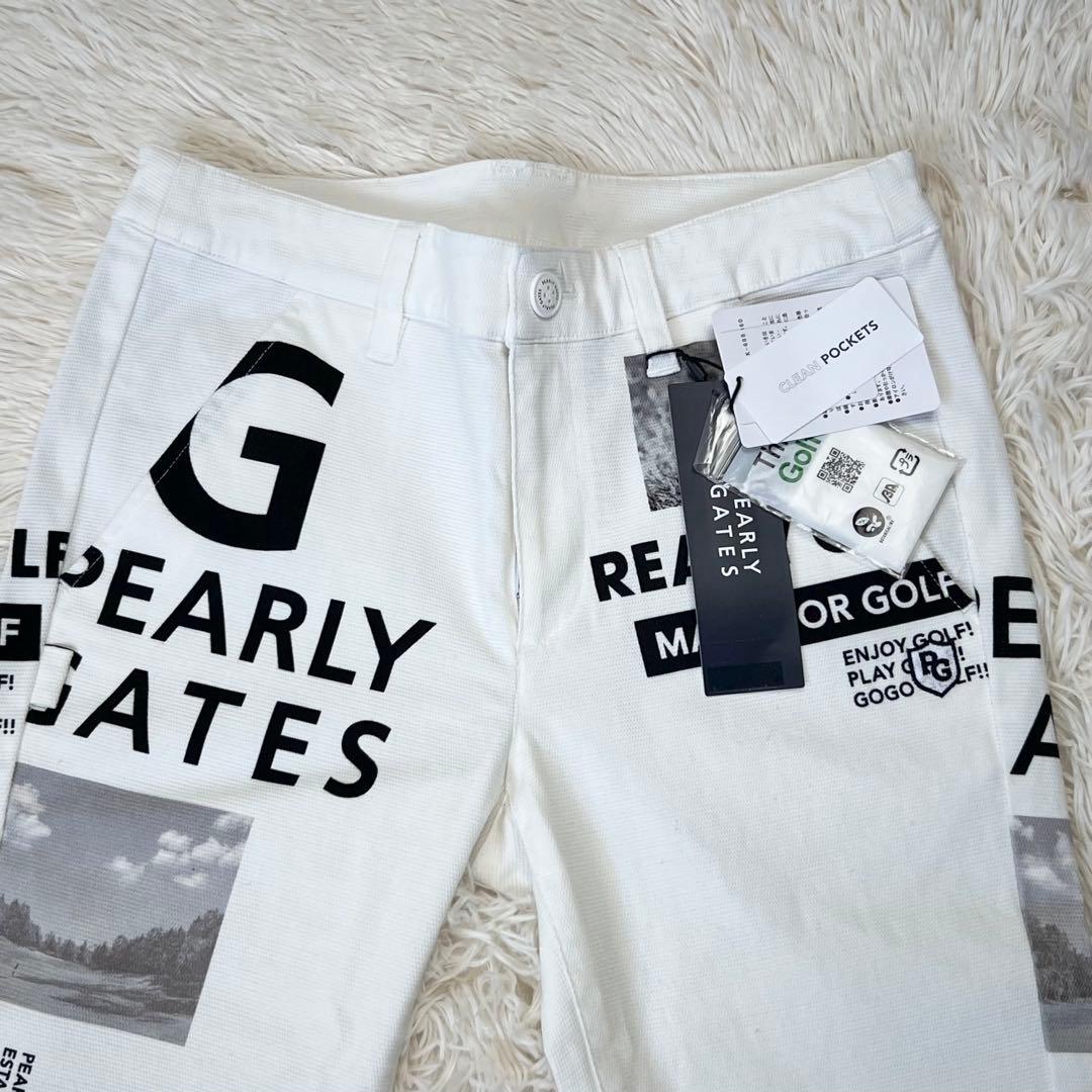 新品 パーリーゲイツ ストレッチ ロングパンツ ゴルフ コラージュ柄 白