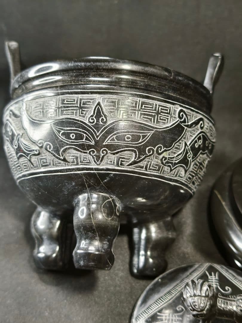 霊壁石香炉 中国名石 獅子摘み 共箱 手彫り置物 茶道具 旧家蔵出 未使用美品