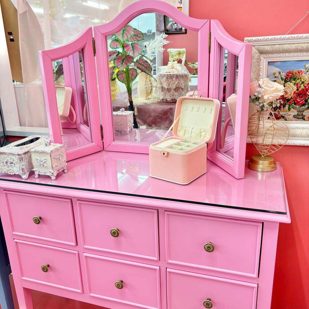 ピンク 三面鏡付ドレッサー マホガニー材 3面鏡 高級 綺麗 開梱設置サービス