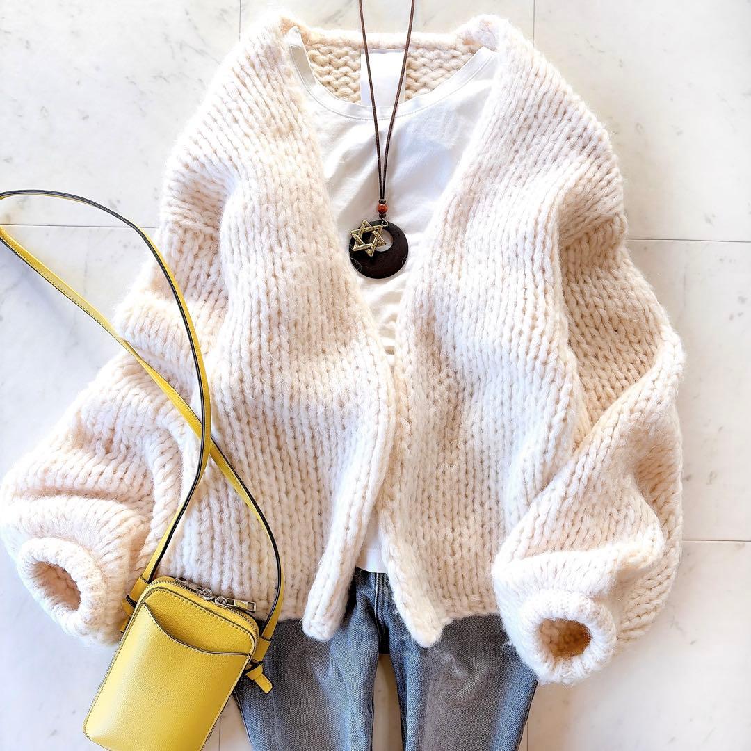 美品 ウィムガゼット モヘア混 ローゲージニットカーディガン パフスリーブ