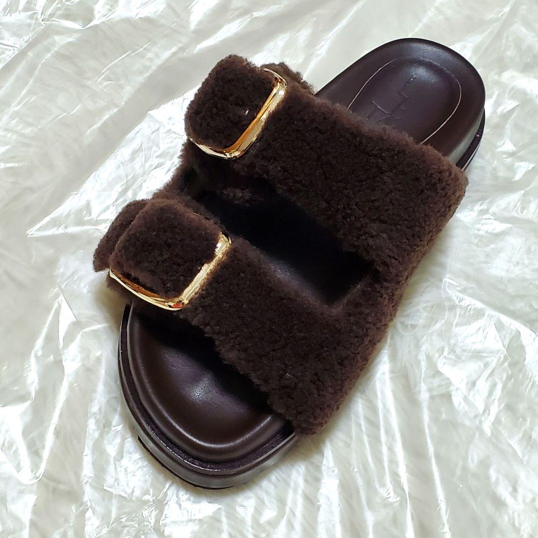 ■LE TALON レザー ボアベルト サンダル ブラウン S 美品