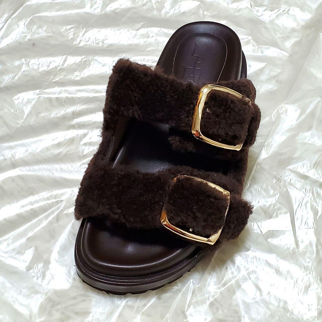 ■LE TALON レザー ボアベルト サンダル ブラウン S 美品