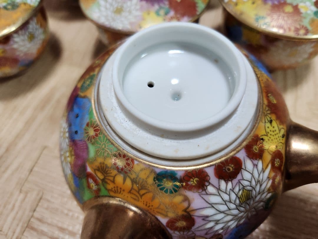 九谷焼 九谷光峰 花詰/菊詰 金彩 茶器揃 5客 湯呑茶碗/急須 食器