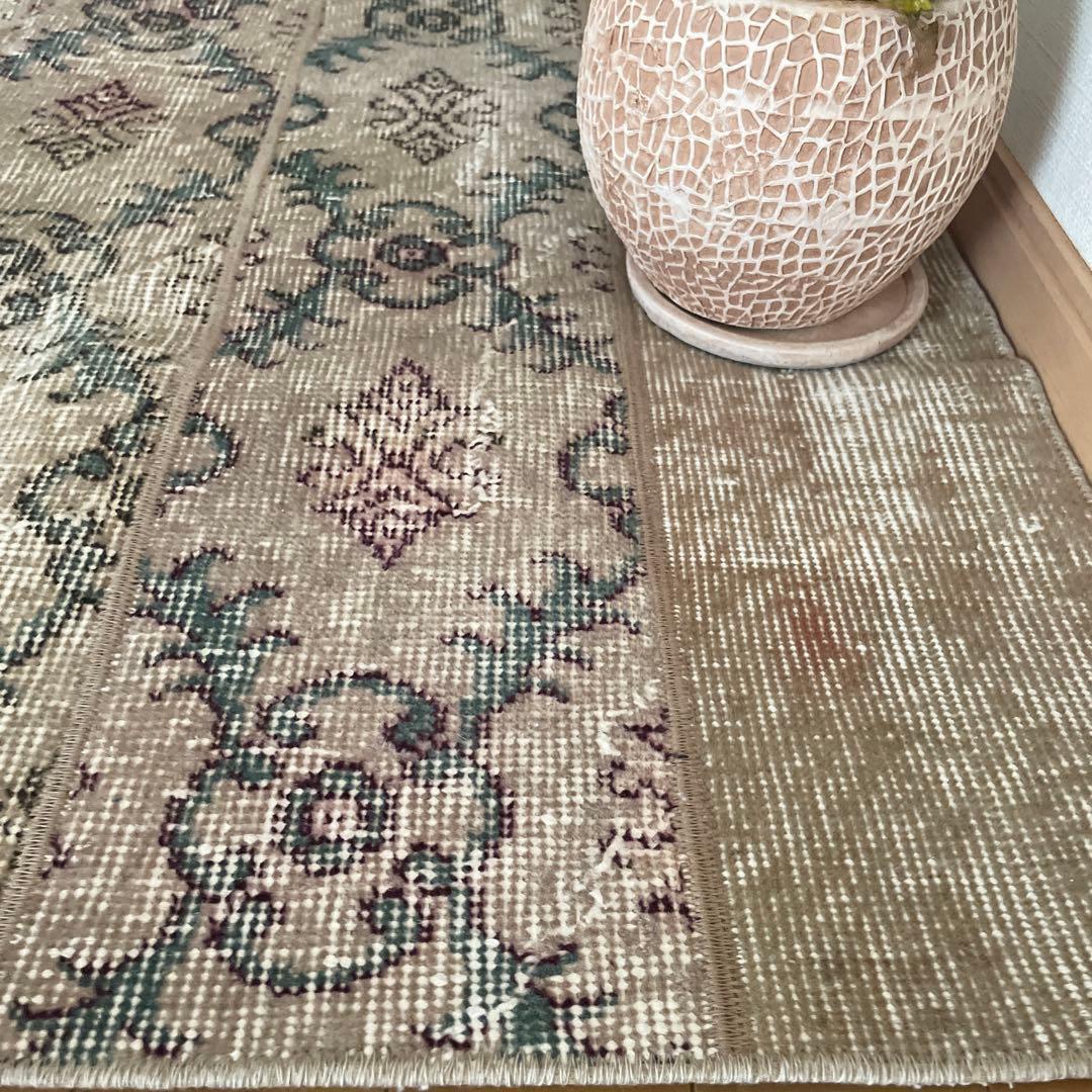 68.5×98 ベージュボタニカル　パッチワーク　トルコヴィンテージラグ