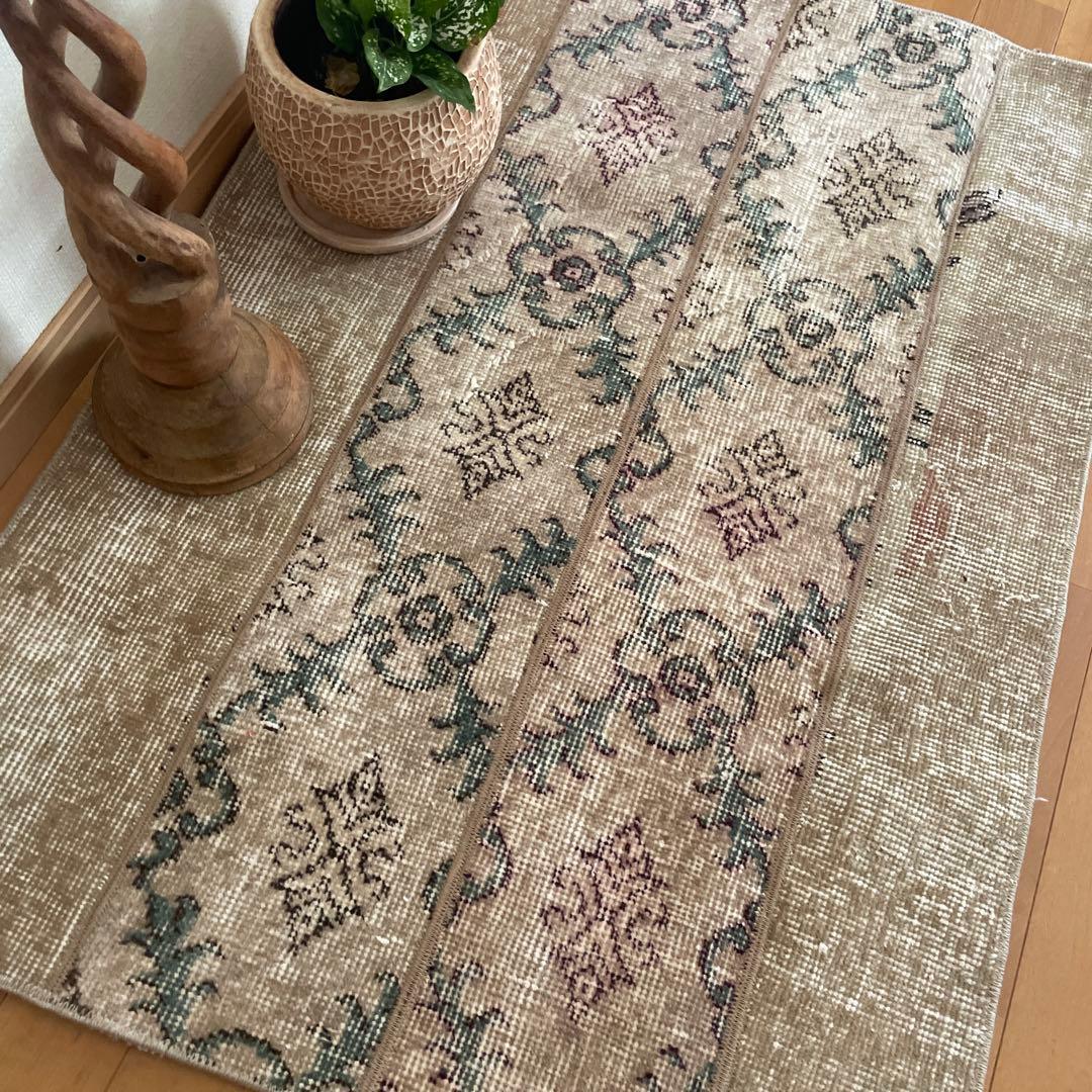 68.5×98 ベージュボタニカル　パッチワーク　トルコヴィンテージラグ