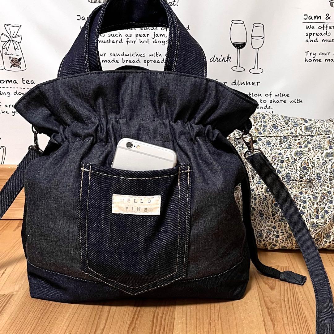 デニムリメイク タータンチェック 黄赤紺 巾着 ショルダーバッグ★ハンドメイドM