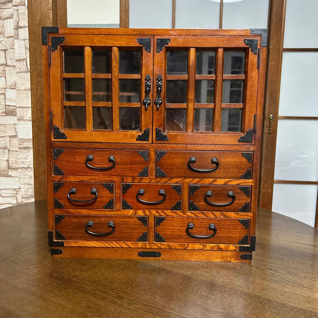 【アンティーク】民芸調水屋　茶箪笥　小箪笥　金具付　和キャビネット